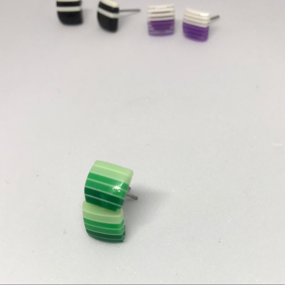 Green Striped Minimalist Repurposed Stud Earrings - Picture 7 of 16